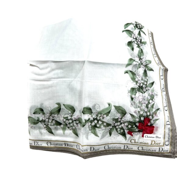 New W/Box CHRISTIAN DIOR Mni Scarf/Handker Cotton 18.5" White Green Red Flora(10 - Picture 3 of 9